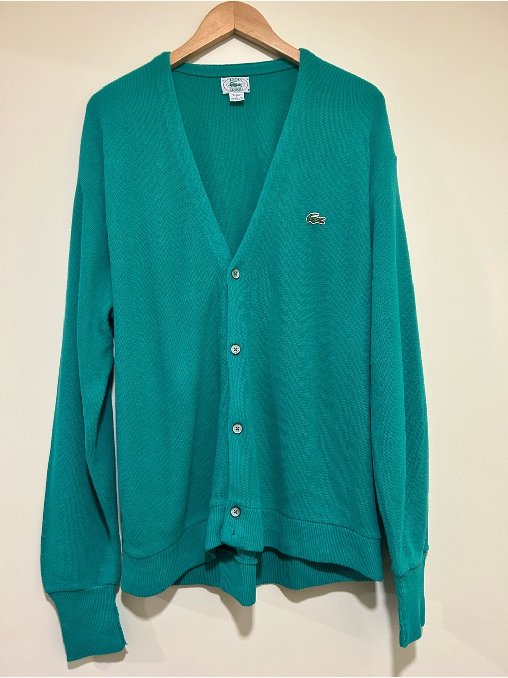 Lacoste Vintage Men's 90s Teal V-Neck Button-Up Cardigan Sweater Size Large